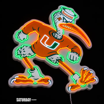 Miami Hurricanes Sebastian the Ibis Mascot LED Neon Sign - 21.49" x 24" close-up - Saturday Neon