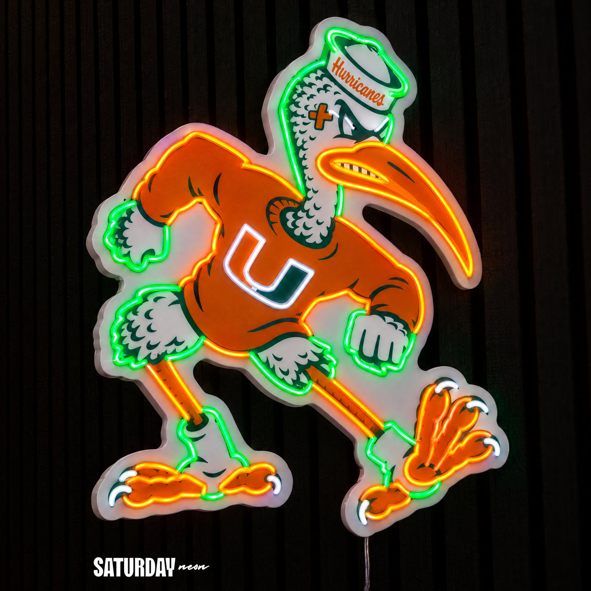 Miami Hurricanes Sebastian the Ibis Mascot LED Neon Sign - 21.49" x 24" side view - Saturday Neon