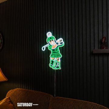 Michigan State Spartans Sparty Golf Mascot LED Neon Sign - 13.77" x 24" above a couch - Saturday Neon