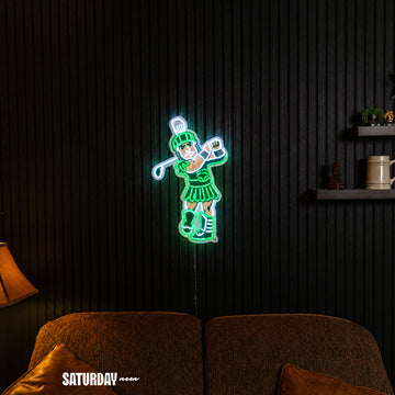Michigan State Spartans Sparty Golf Mascot LED Neon Sign - 13.77" x 24" in a living room - Saturday Neon