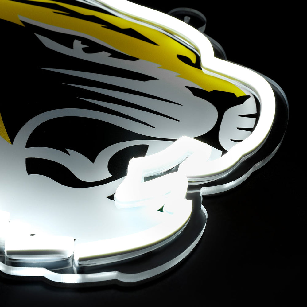 Missouri Tigers logo LED neon sign at a side angle, lit