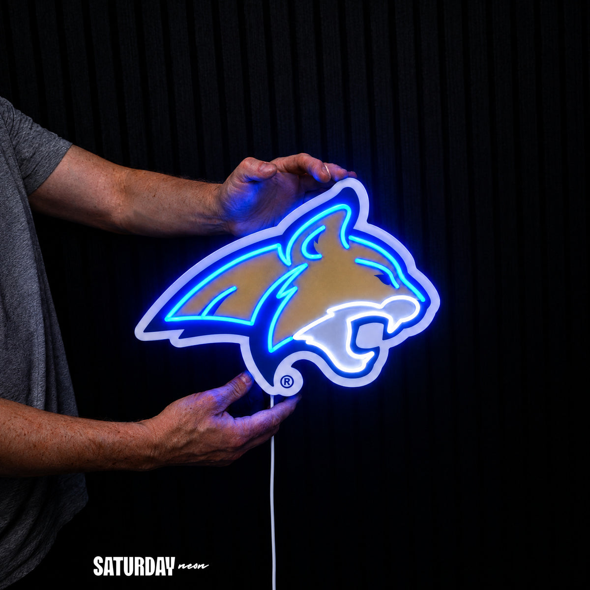 Montana State Bobcats LED Neon Sign - Standard (15" x 10.9") held in hand for scale - Saturday Neon