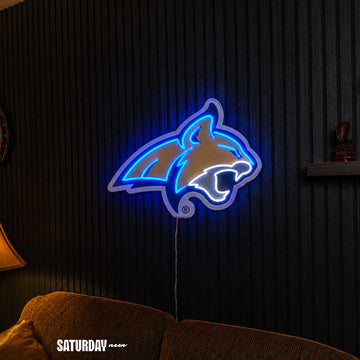 Montana State Bobcats LED Neon Sign - Plus (24" x 17.44") above a couch - Saturday Neon