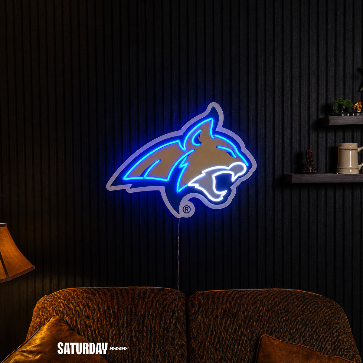Montana State Bobcats LED Neon Sign - Plus (24" x 17.44") in a living room - Saturday Neon