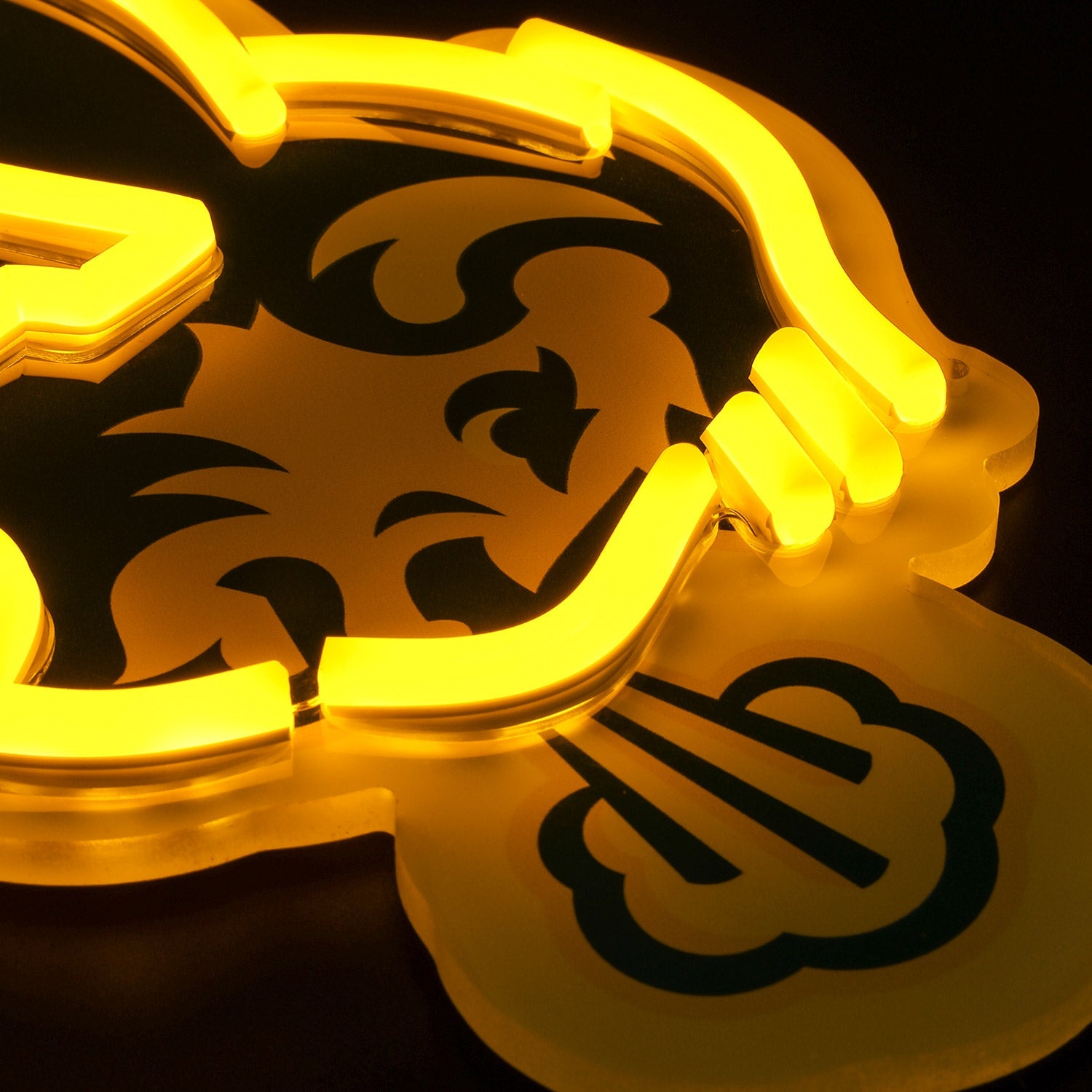 NDSU Bison logo LED neon sign at a side angle, lit