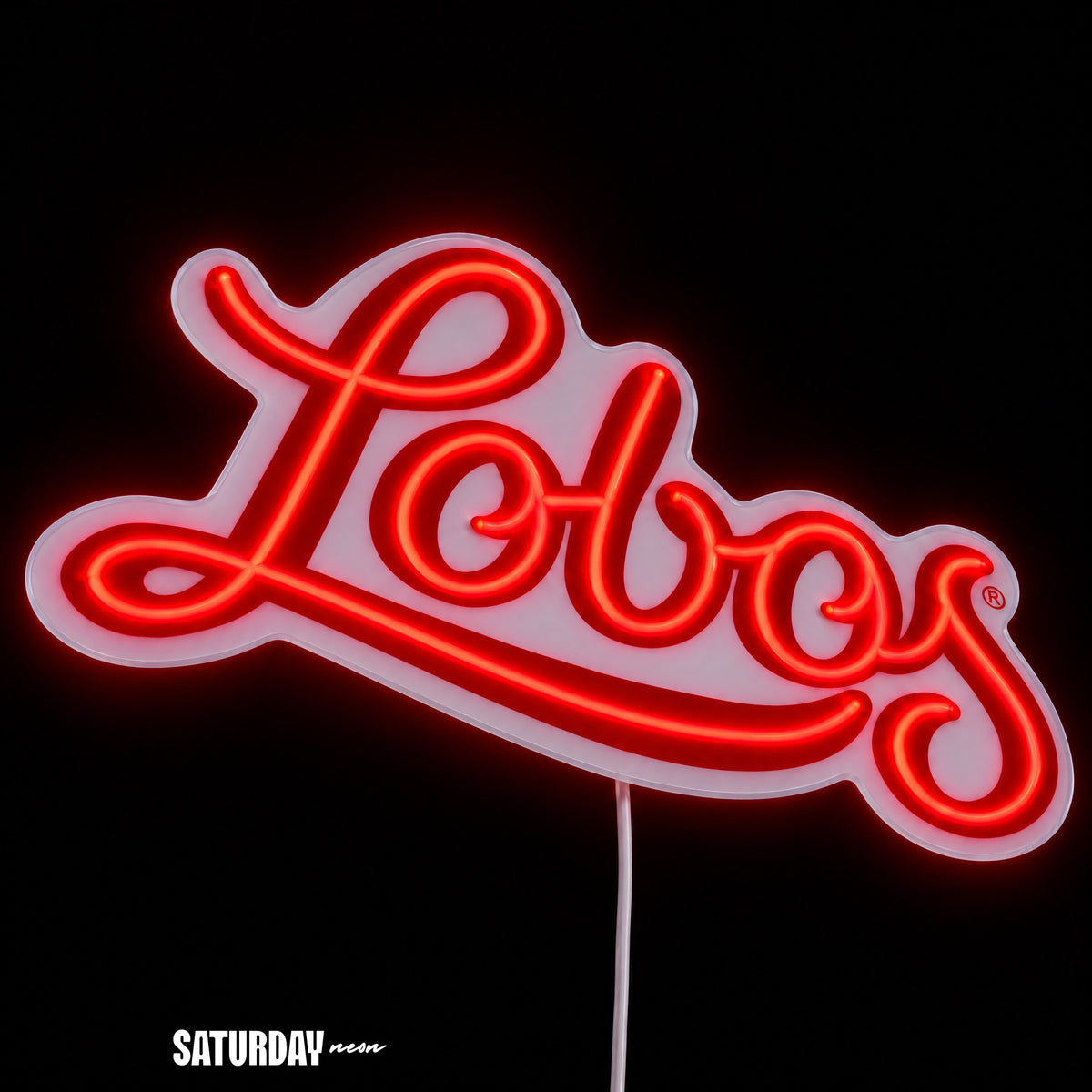 New Mexico Lobos Script LED Neon Sign - Standard (15" x 8.96") close-up - Saturday Neon