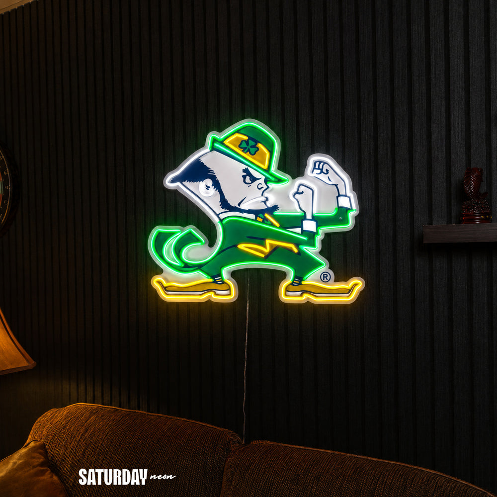 Notre Dame Fighting Irish Leprechaun Mascot LED Neon Sign - 24" x 19.37" above a couch - Saturday Neon