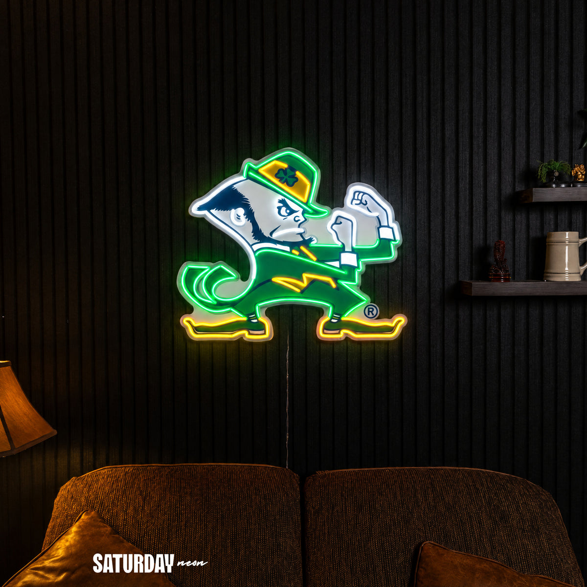 Notre Dame Fighting Irish Leprechaun Mascot LED Neon Sign - 24" x 19.37" in a living room - Saturday Neon