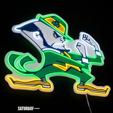 Notre Dame Fighting Irish Leprechaun Mascot LED Neon Sign - 24" x 19.37" close-up - Saturday Neon