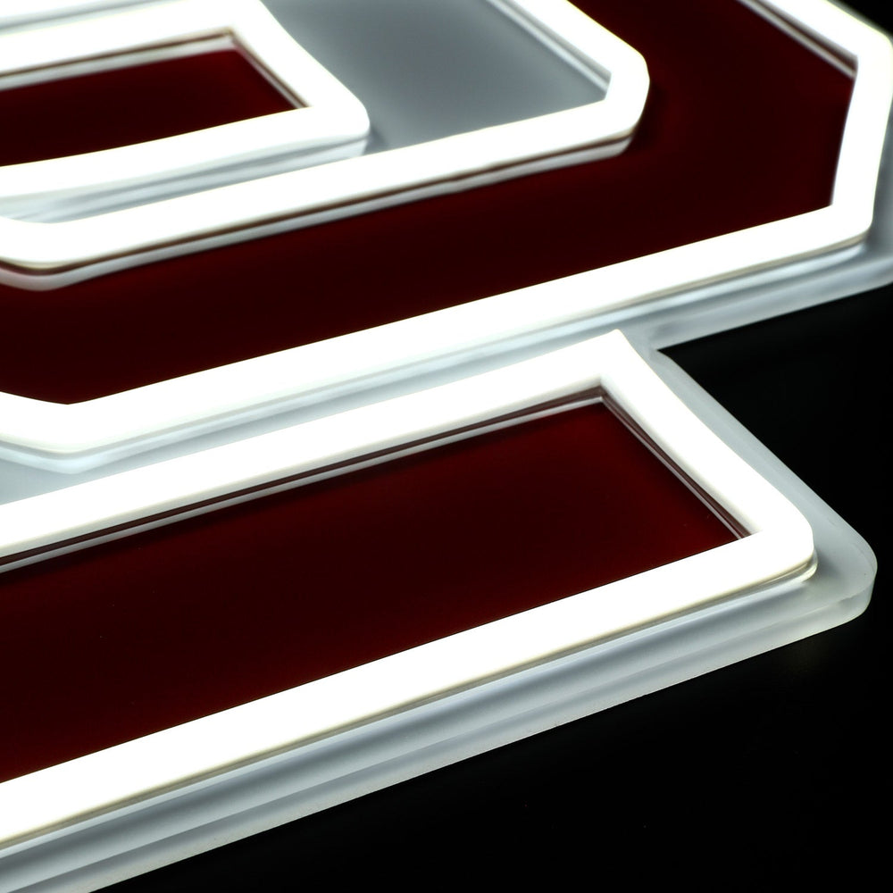 Oklahoma Sooners Logo LED neon sign at a side angle, lit