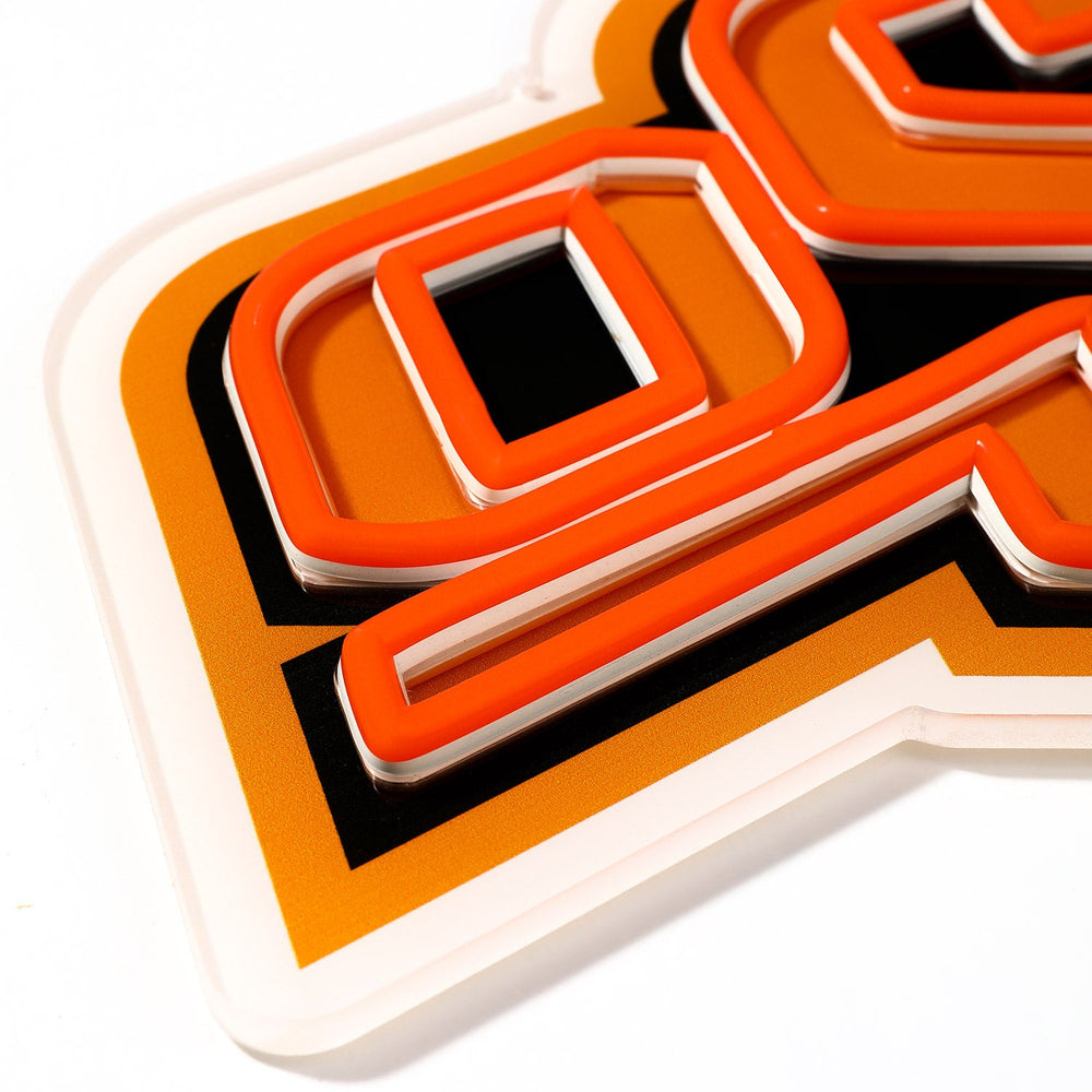 Oklahoma State Cowboys logo LED neon sign at a side angle
