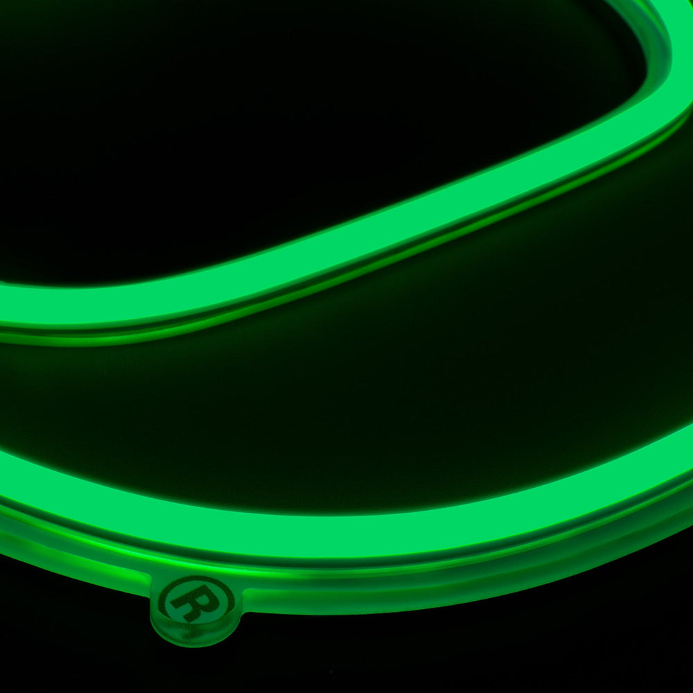 Oregon Ducks logo LED neon sign at a side angle, lit