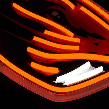 Oregon State Beavers logo LED neon sign at a side angle, lit