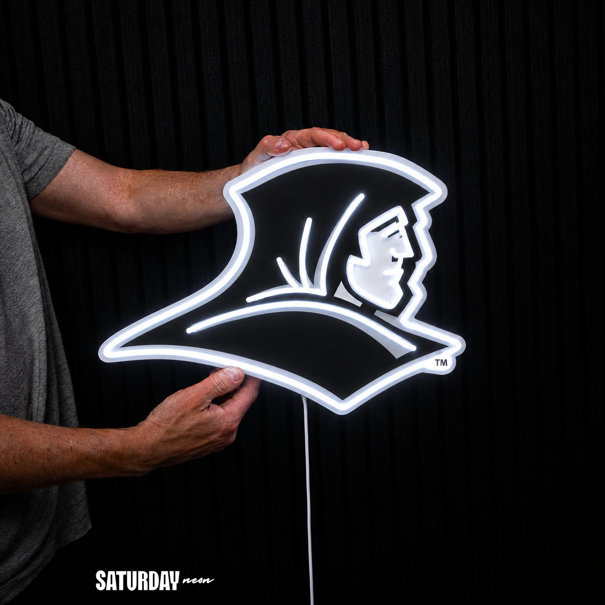 Providence Friars LED Neon Sign - Standard (15" x 10.61") held in hand for scale - Saturday Neon