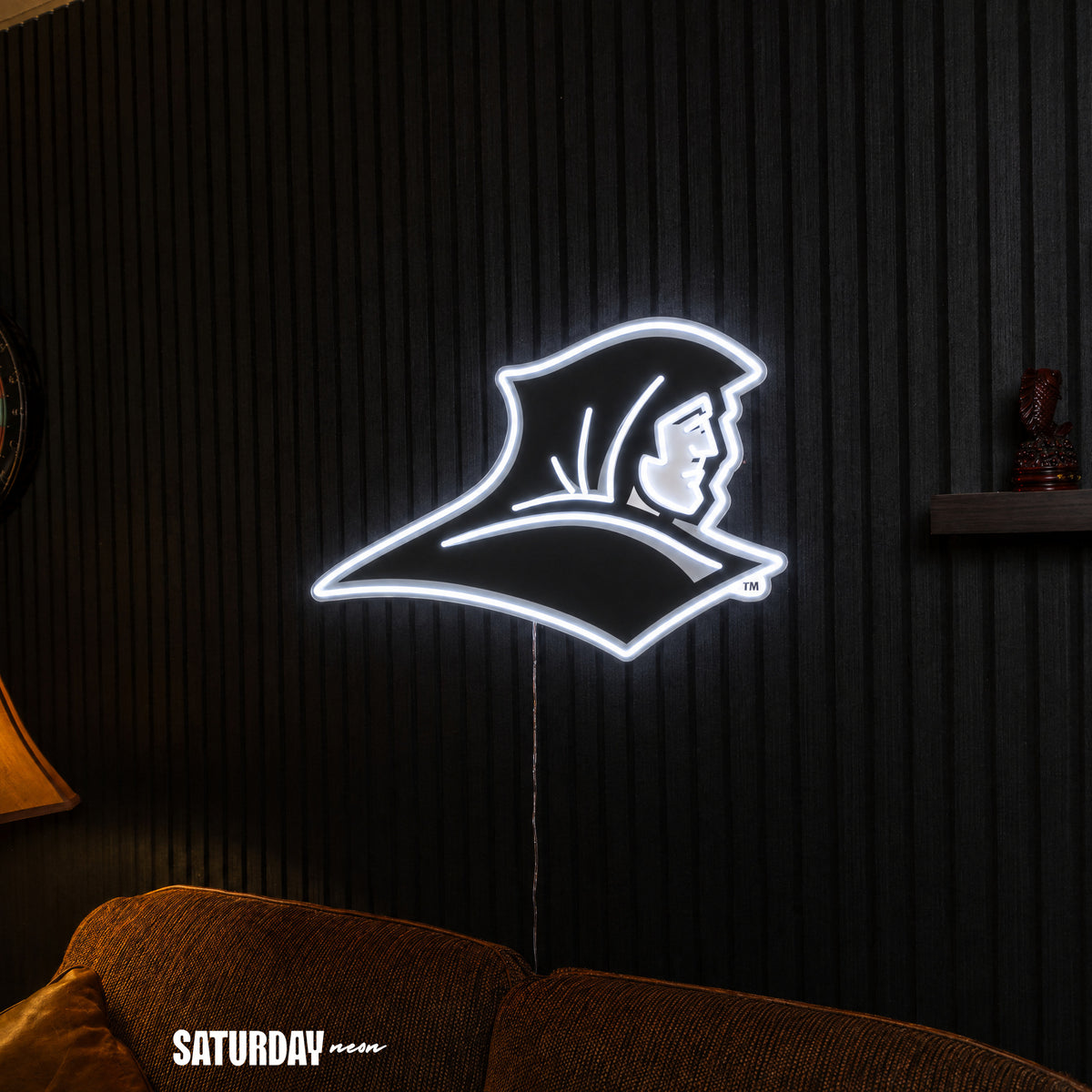Providence Friars LED Neon Sign - Plus (24" x 16.97") above a couch - Saturday Neon