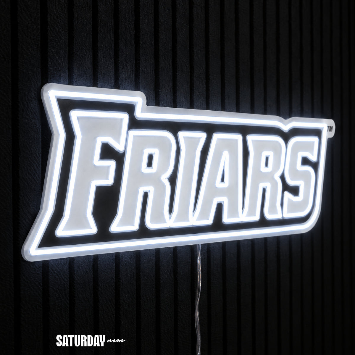 Providence Friars Wordmark LED Neon Sign - 24" x 8.37" side view - Saturday Neon