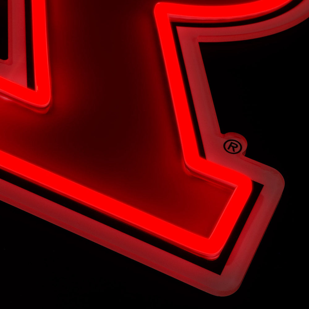 Rutgers Scarlet Knights logo LED neon sign at a side angle, lit