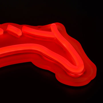 SMU Mustangs logo LED neon sign at a side angle, lit