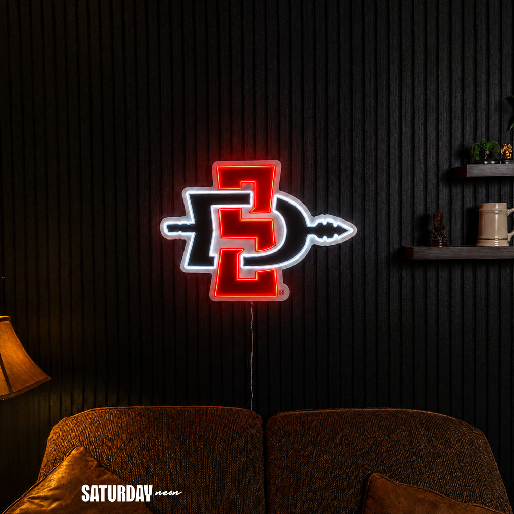 San Diego State Aztecs LED Neon Sign - Plus (24" x 16.98") in a living room - Saturday Neon