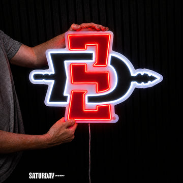 San Diego State Aztecs LED Neon Sign - Max (32" x 22.82") held in hand for scale - Saturday Neon