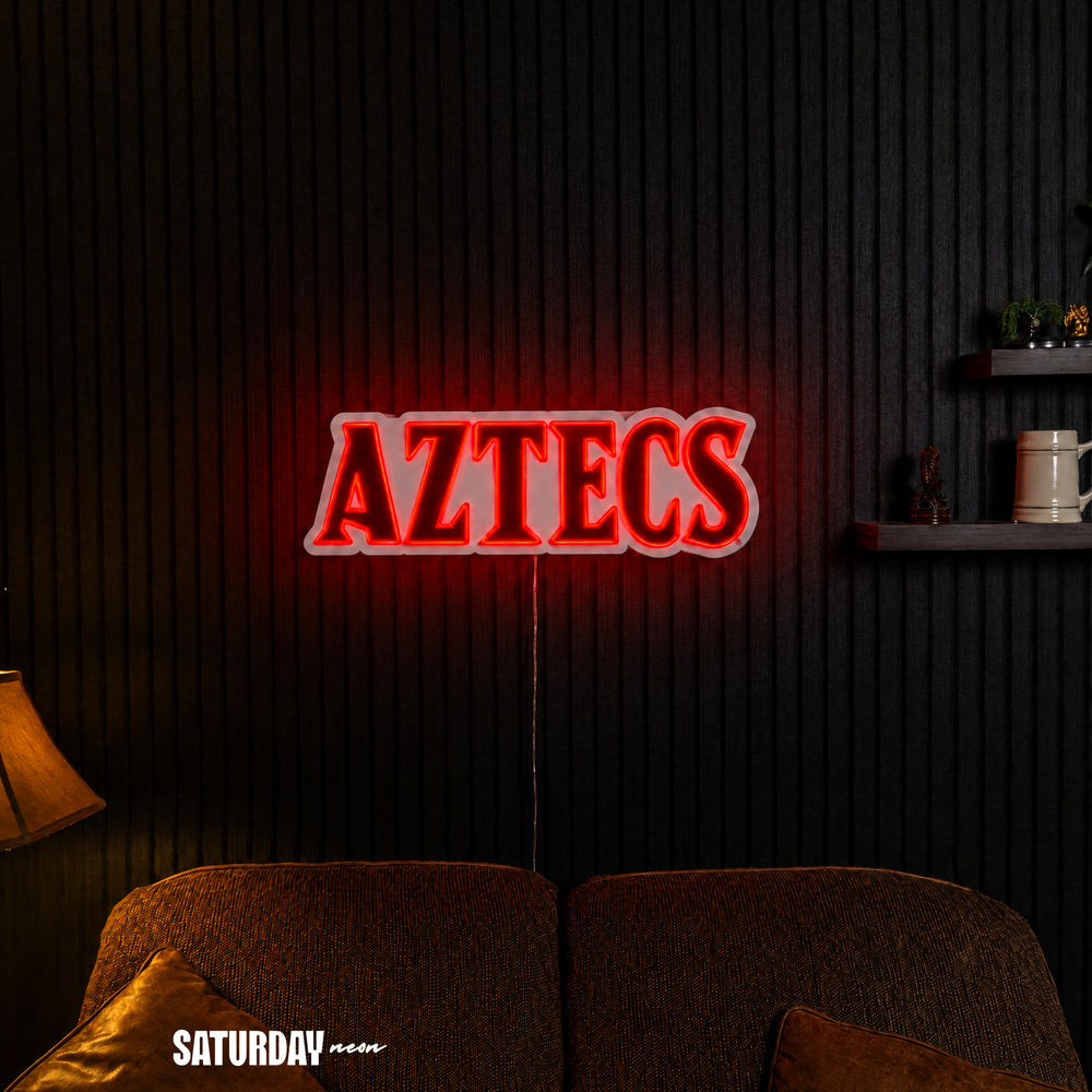 San Diego State Aztecs Wordmark LED Neon Sign - 24" x 8.11" in a living room - Saturday Neon