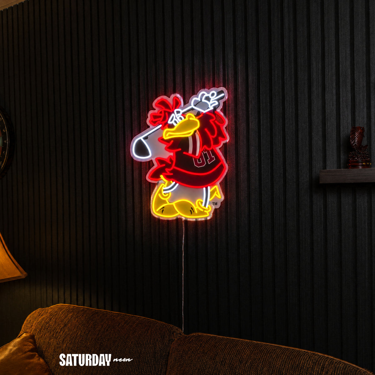 South Carolina Gamecocks Cocky Golf Mascot LED Neon Sign - 18.49" x 24" above a couch - Saturday Neon