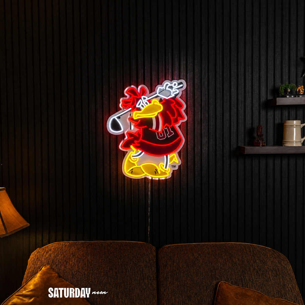 South Carolina Gamecocks Cocky Golf Mascot LED Neon Sign - 18.49" x 24" in a living room - Saturday Neon