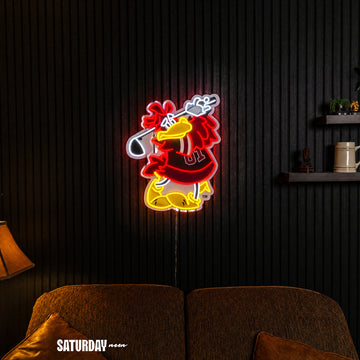 South Carolina Gamecocks Cocky Golf Mascot LED Neon Sign - 18.49" x 24" in a living room - Saturday Neon