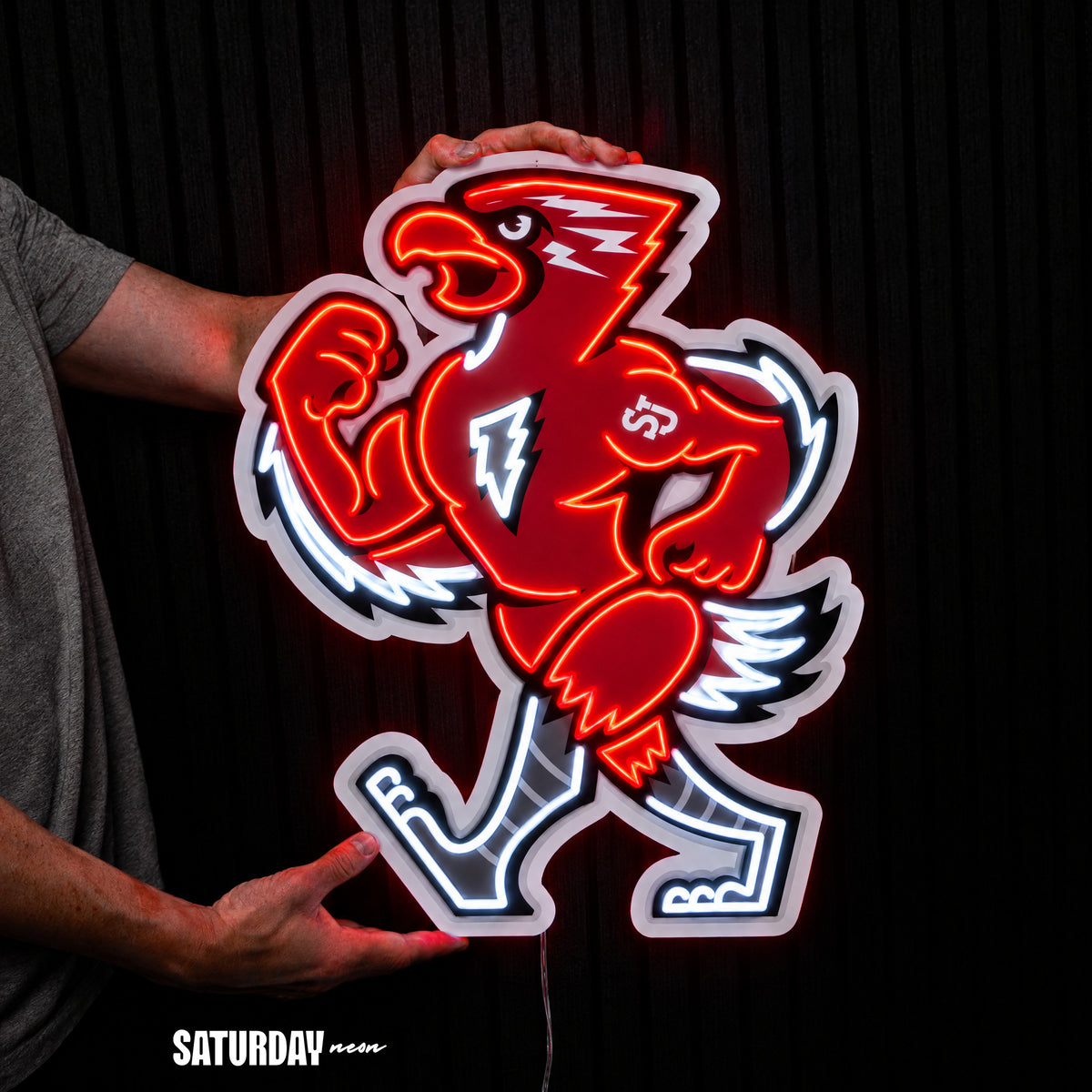 St. John's Red Storm Johnny Thunderbird Mascot LED Neon Sign - 20.77" x 24" held in hand for scale - Saturday Neon