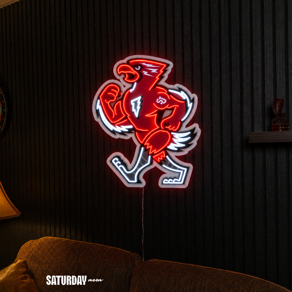 St. John's Red Storm Johnny Thunderbird Mascot LED Neon Sign - 20.77" x 24" above a couch - Saturday Neon