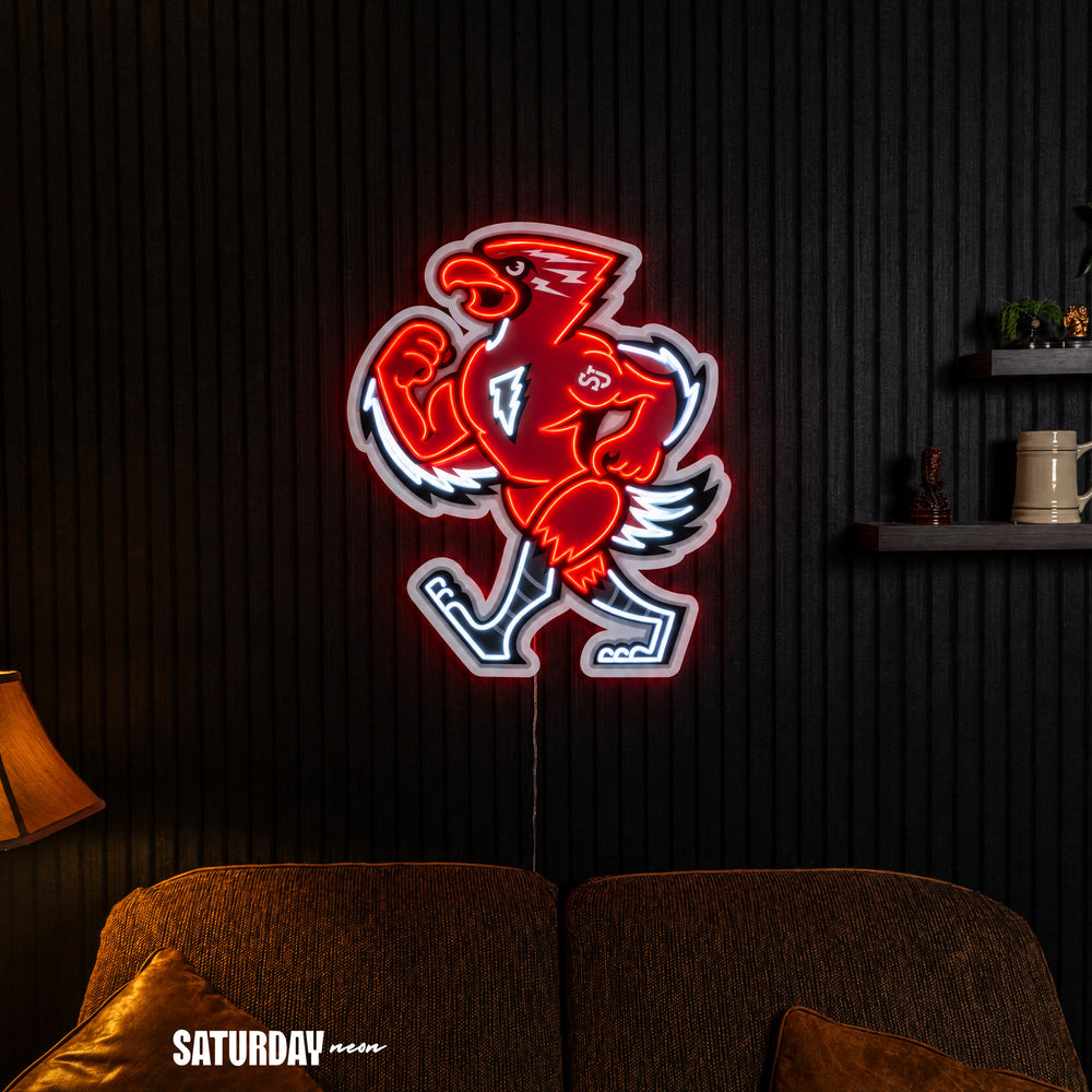St. John's Red Storm Johnny Thunderbird Mascot LED Neon Sign - 20.77" x 24" in a living room - Saturday Neon