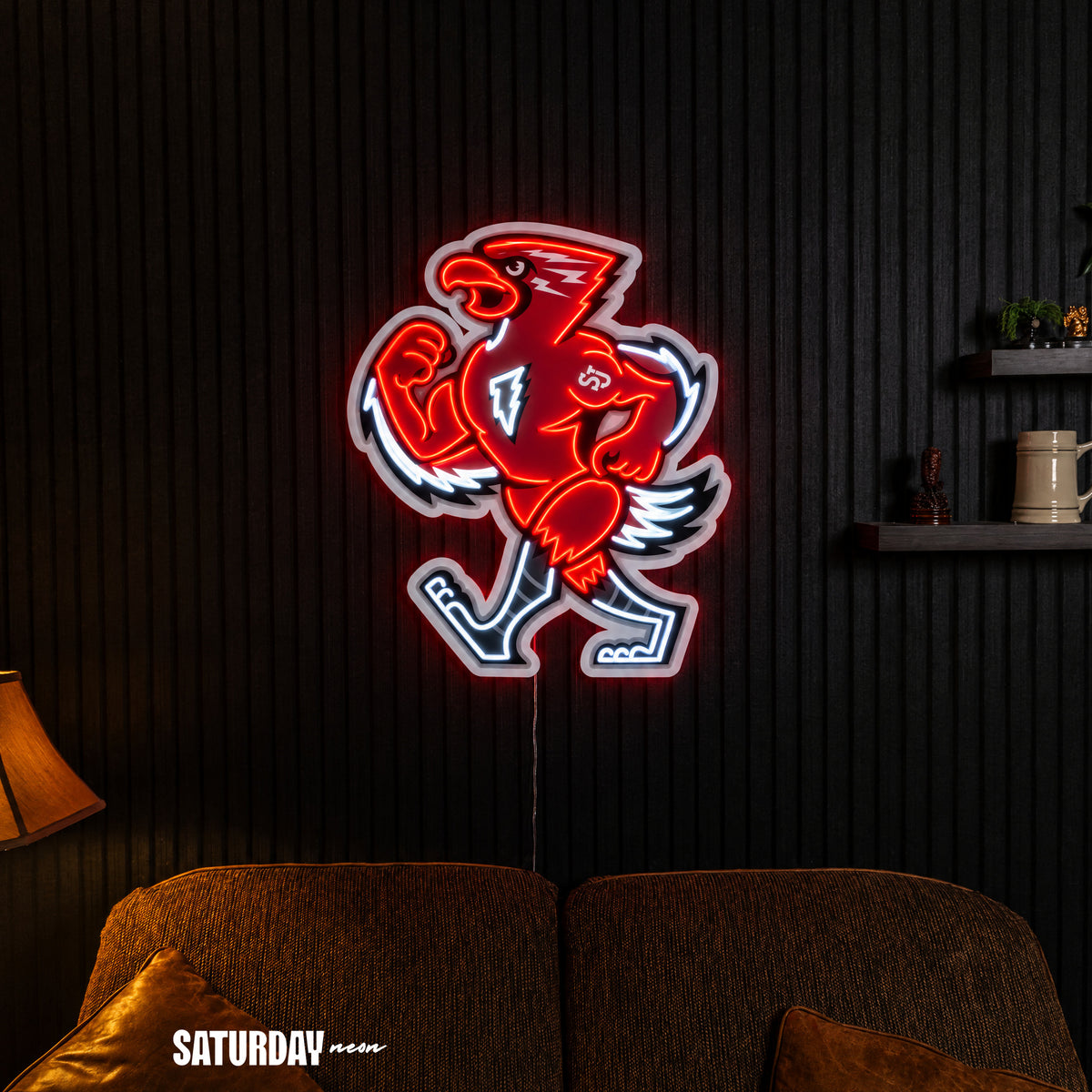 St. John's Red Storm Johnny Thunderbird Mascot LED Neon Sign - 20.77" x 24" in a living room - Saturday Neon