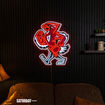 St. John's Red Storm Johnny Thunderbird Mascot LED Neon Sign - 20.77" x 24" in a living room - Saturday Neon