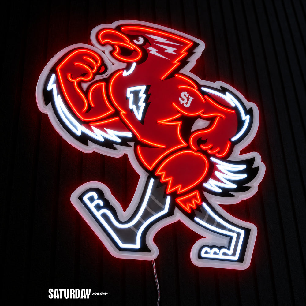 St. John's Red Storm Johnny Thunderbird Mascot LED Neon Sign - 20.77" x 24" close-up - Saturday Neon