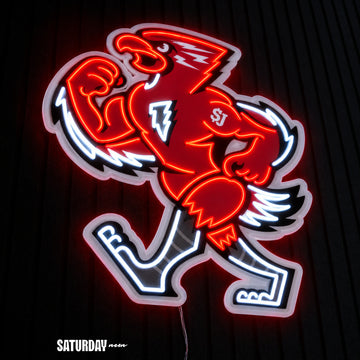 St. John's Red Storm Johnny Thunderbird Mascot LED Neon Sign - 20.77" x 24" close-up - Saturday Neon