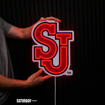 St. John's Red Storm SJ LED Neon Sign - Standard (10.96" x 15") held in hand for scale - Saturday Neon