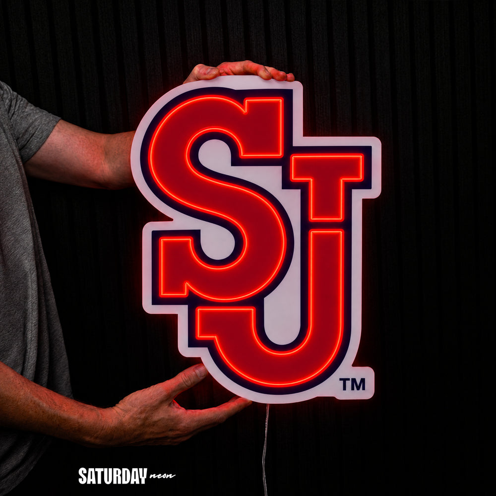 St. John's Red Storm SJ LED Neon Sign - Plus (17.53" x 24") held in hand for scale - Saturday Neon