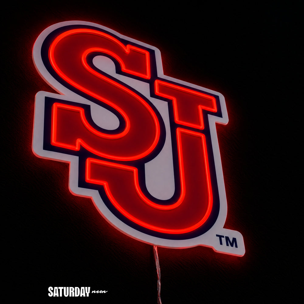 St. John's Red Storm SJ LED Neon Sign - Plus (17.53" x 24") close-up - Saturday Neon