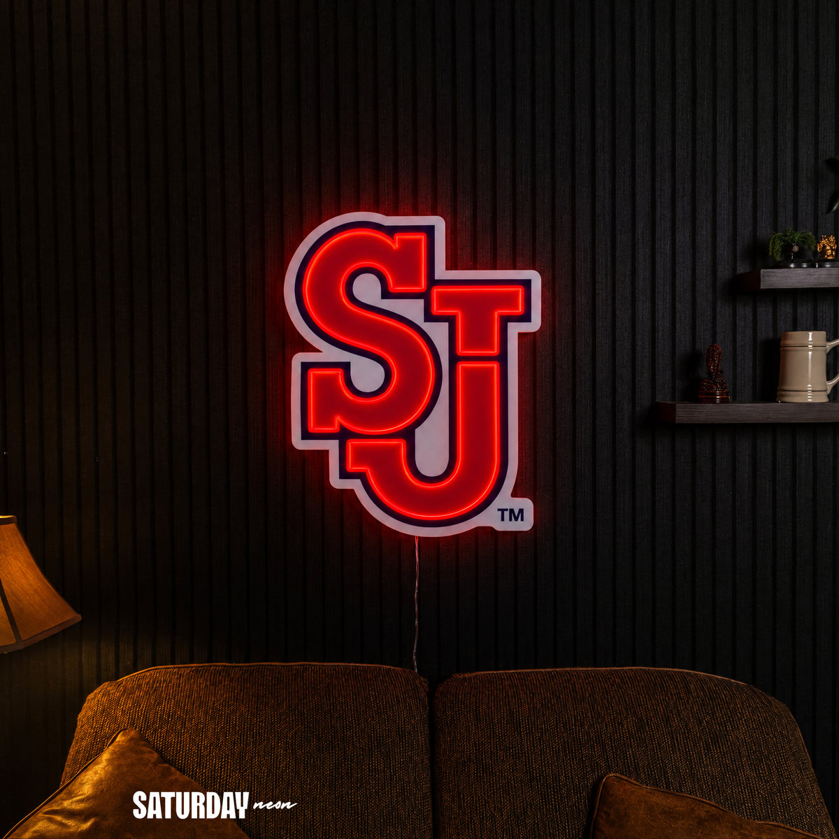 St. John's Red Storm SJ LED Neon Sign - Max (23.38" x 32") in a living room - Saturday Neon