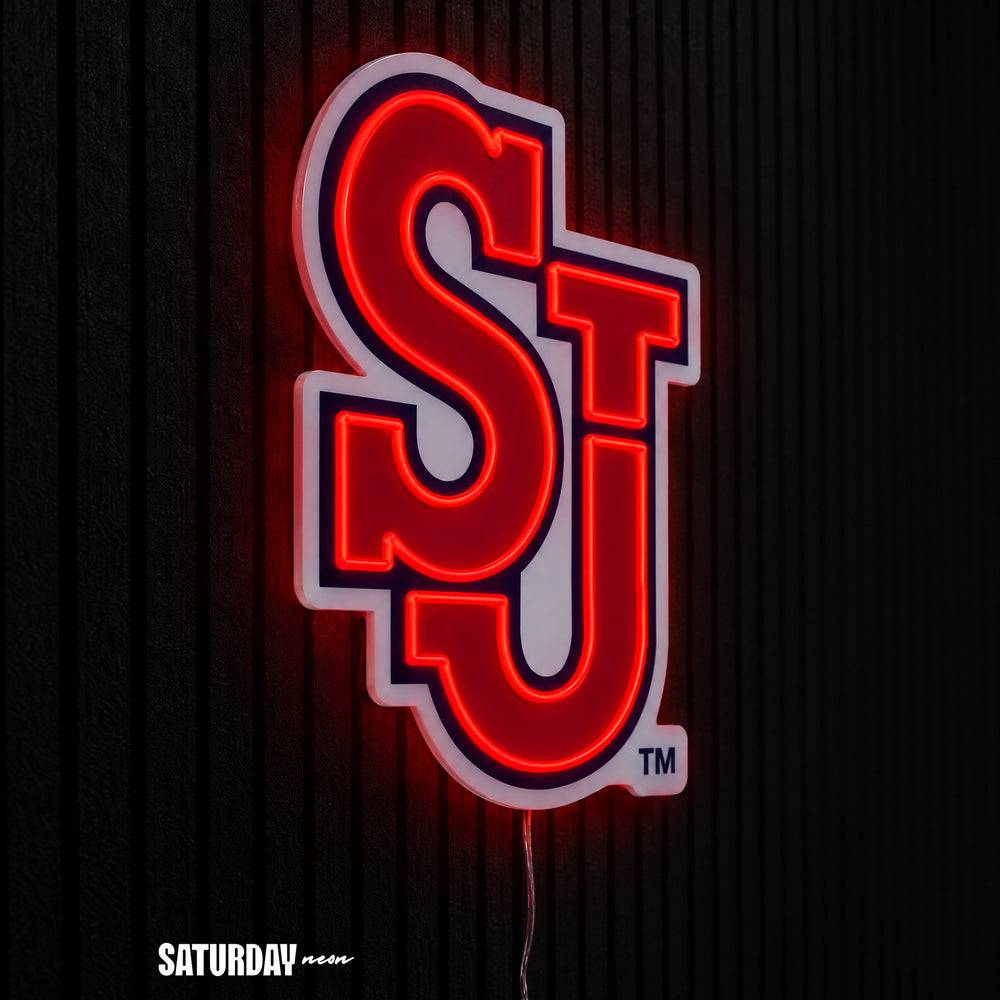 St. John's Red Storm SJ LED Neon Sign - Max (23.38" x 32") side view - Saturday Neon