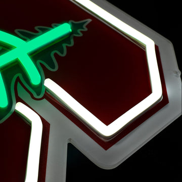 Stanford Cardinal logo LED neon sign at a side angle, lit