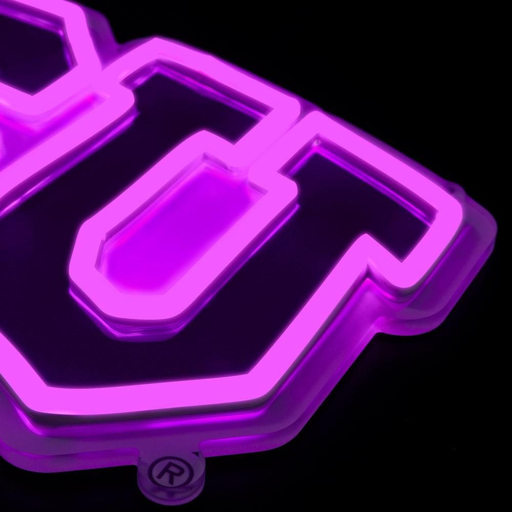 TCU Horned Frogs logo LED neon sign at a side angle, lit