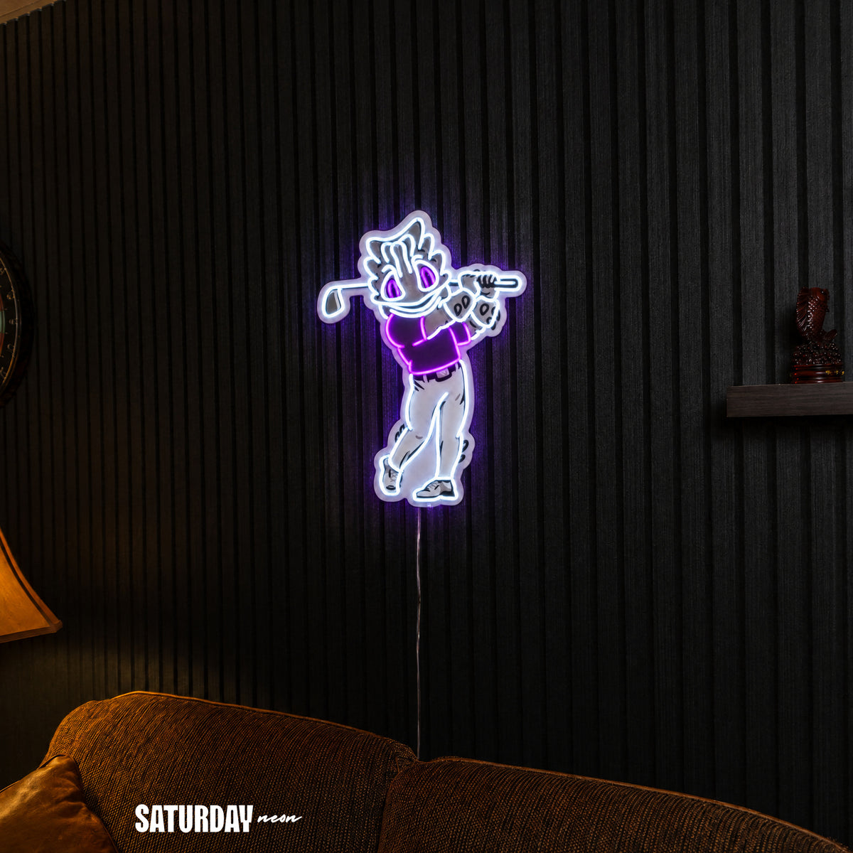 TCU Horned Frogs SuperFrog Golf Mascot LED Neon Sign - 17.19" x 24" above a couch - Saturday Neon