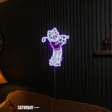 TCU Horned Frogs SuperFrog Golf Mascot LED Neon Sign - 17.19" x 24" above a couch - Saturday Neon