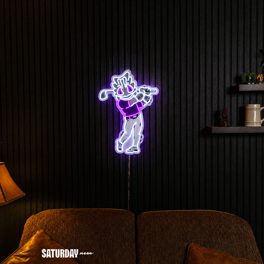 TCU Horned Frogs SuperFrog Golf Mascot LED Neon Sign - 17.19" x 24" in a living room - Saturday Neon