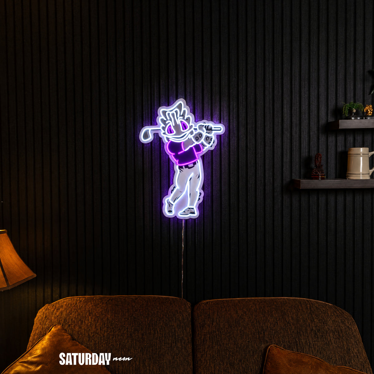 TCU Horned Frogs SuperFrog Golf Mascot LED Neon Sign - 17.19" x 24" in a living room - Saturday Neon