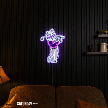 TCU Horned Frogs SuperFrog Golf Mascot LED Neon Sign - 17.19" x 24" in a living room - Saturday Neon