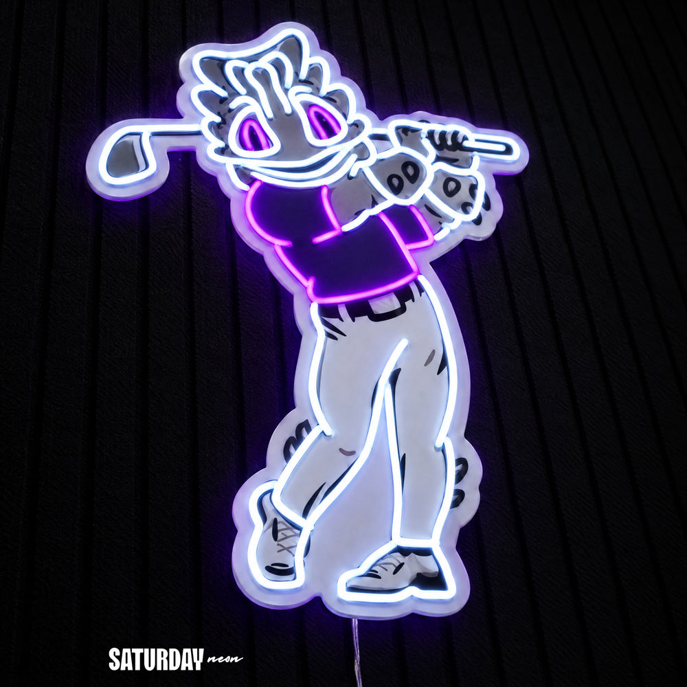 TCU Horned Frogs SuperFrog Golf Mascot LED Neon Sign - 17.19" x 24" close-up - Saturday Neon