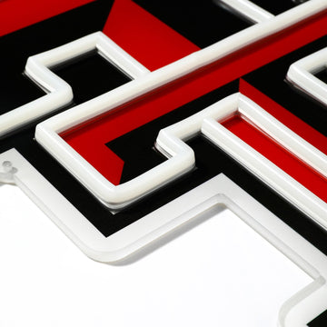 Texas Tech Red Raiders logo LED neon sign at a side angle