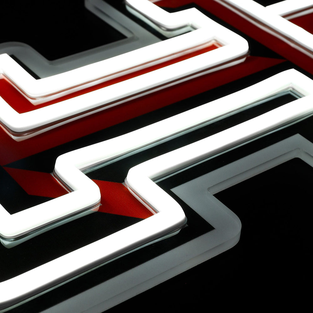 Texas Tech Red Raiders logo LED neon sign at a side angle, lit